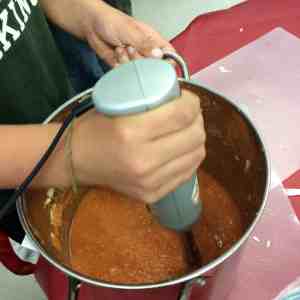 using a wand on tomato coriander soup