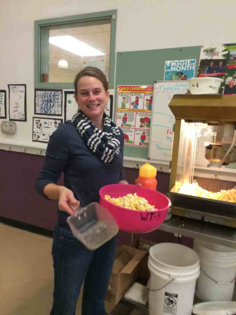 Amy Rice Sciacca making popcorn for the schools.